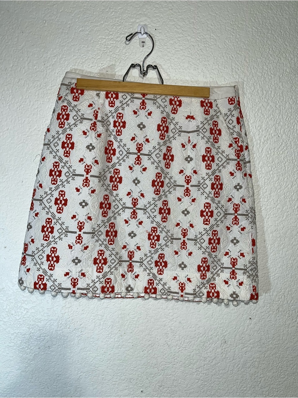 Maeve White Crochet A-Line Skirt with Red & Gray Embroidery